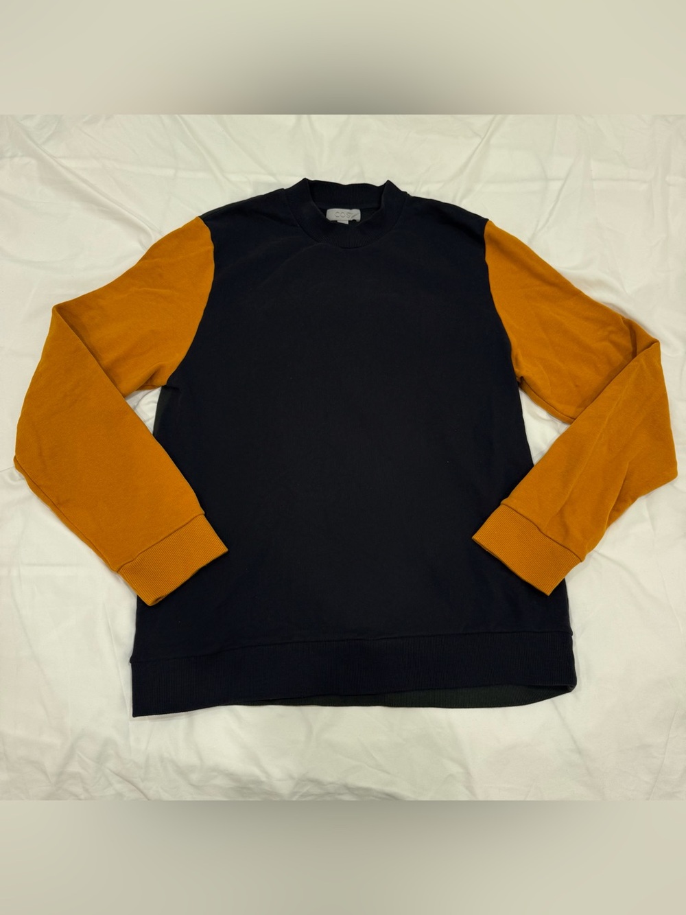 COS Colorblock Crewneck Sweatshirt Navy Blue Mustard Orange Green Minimalist M